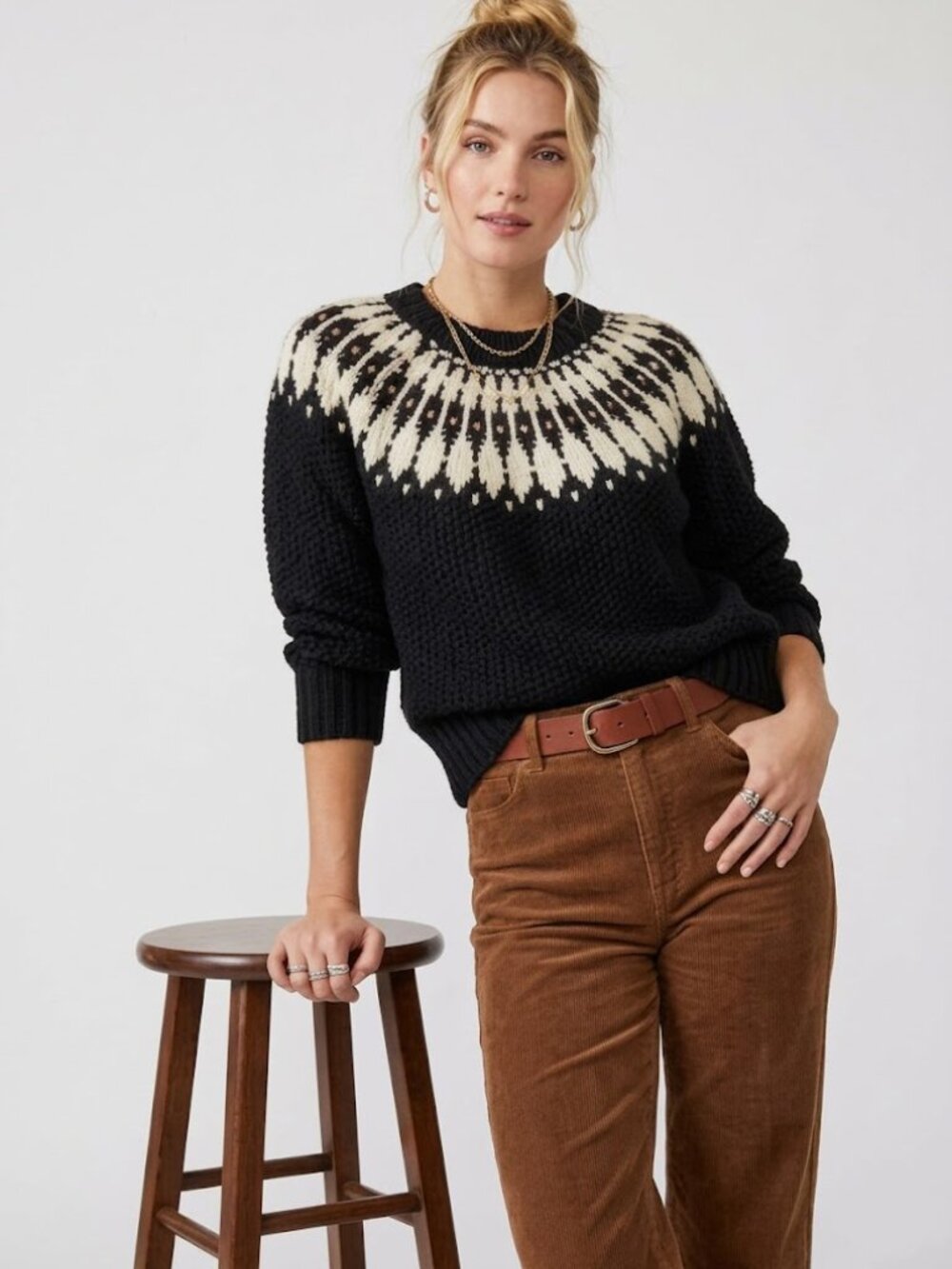 Zara Knit Black Fair Isle Chunky Wool Blend Sweater